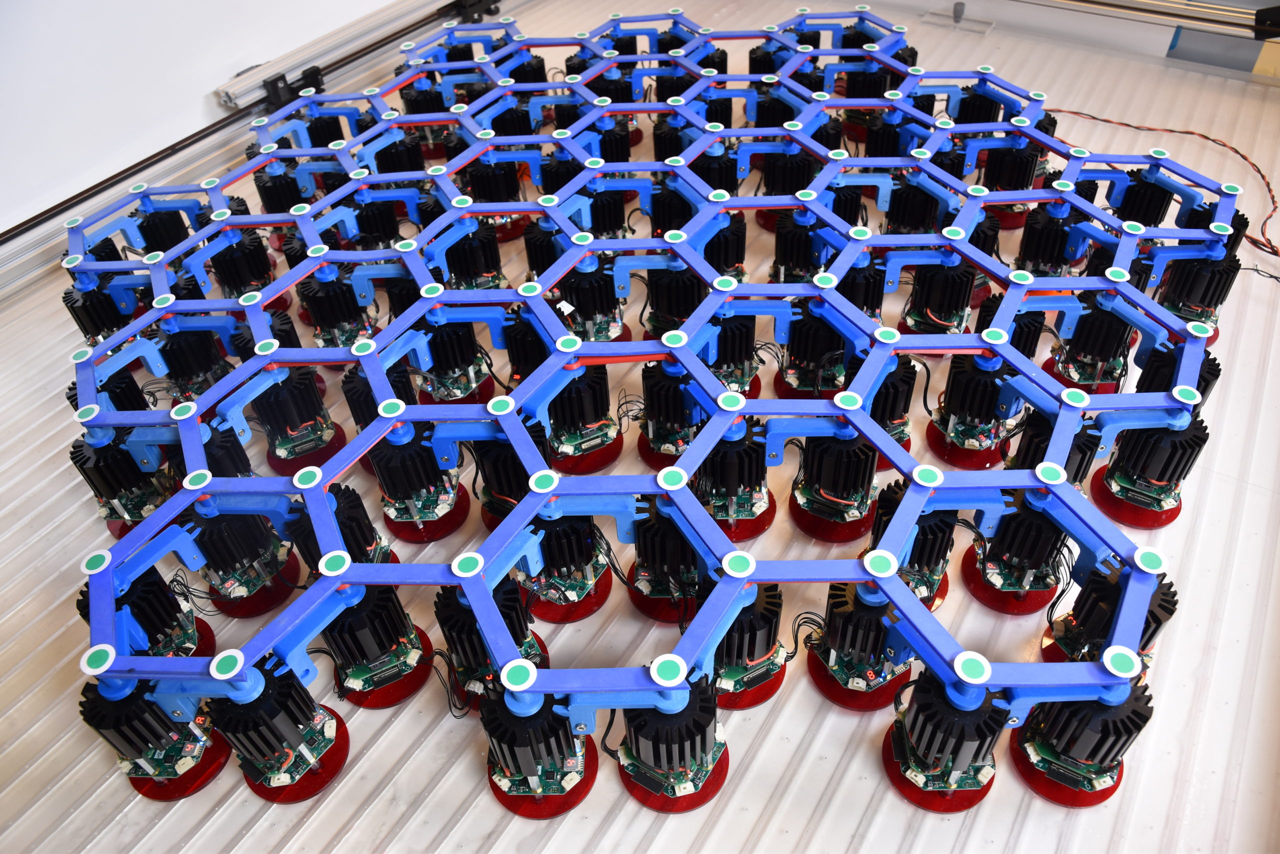 Hexagonally arranged active robots exhibit odd dynamics.